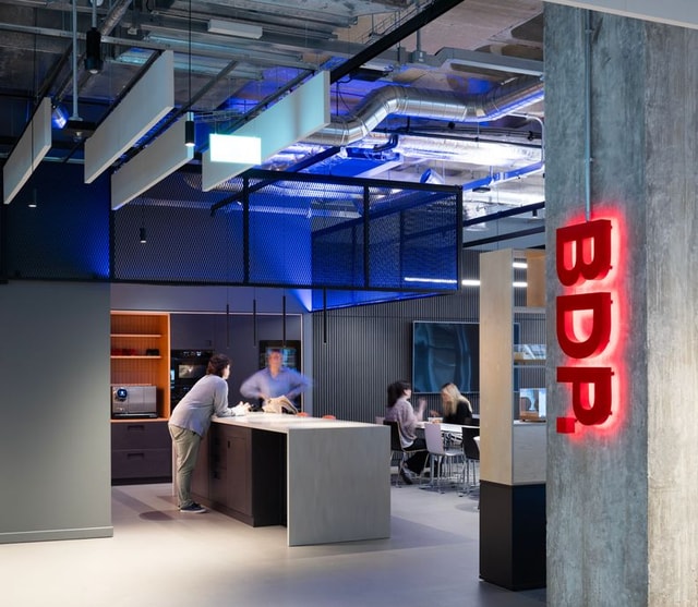 BDP new office Glasgow BDP sign on the wall in red