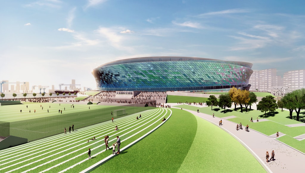 Dalian Stadium exterior fields CGI Day time 2