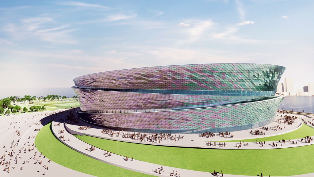 Dalian Stadium exterior fields CGI Day time