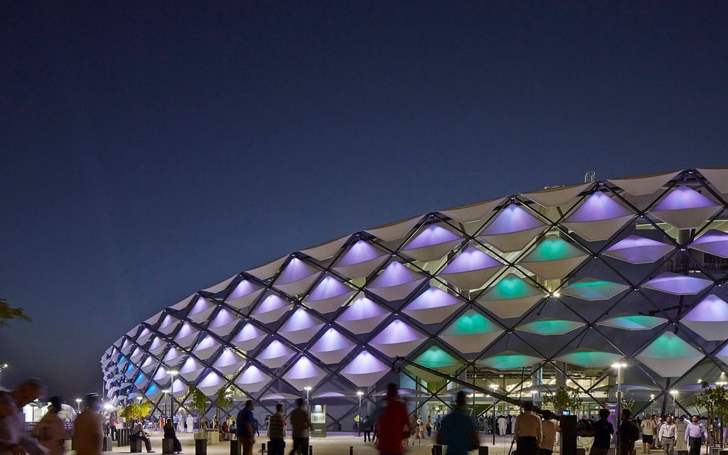 Hazza Bin Zayed - exterior of building lit up at night