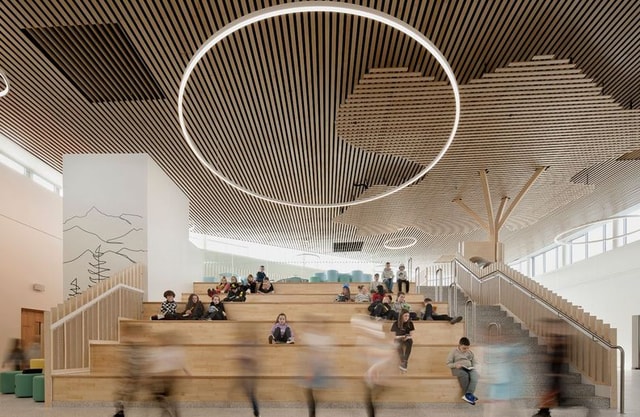 Newmains and St Bridig school interior atrium stairs with children