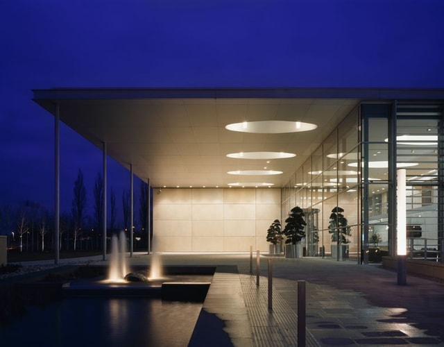 Roche Headquarters lit up exterior of building