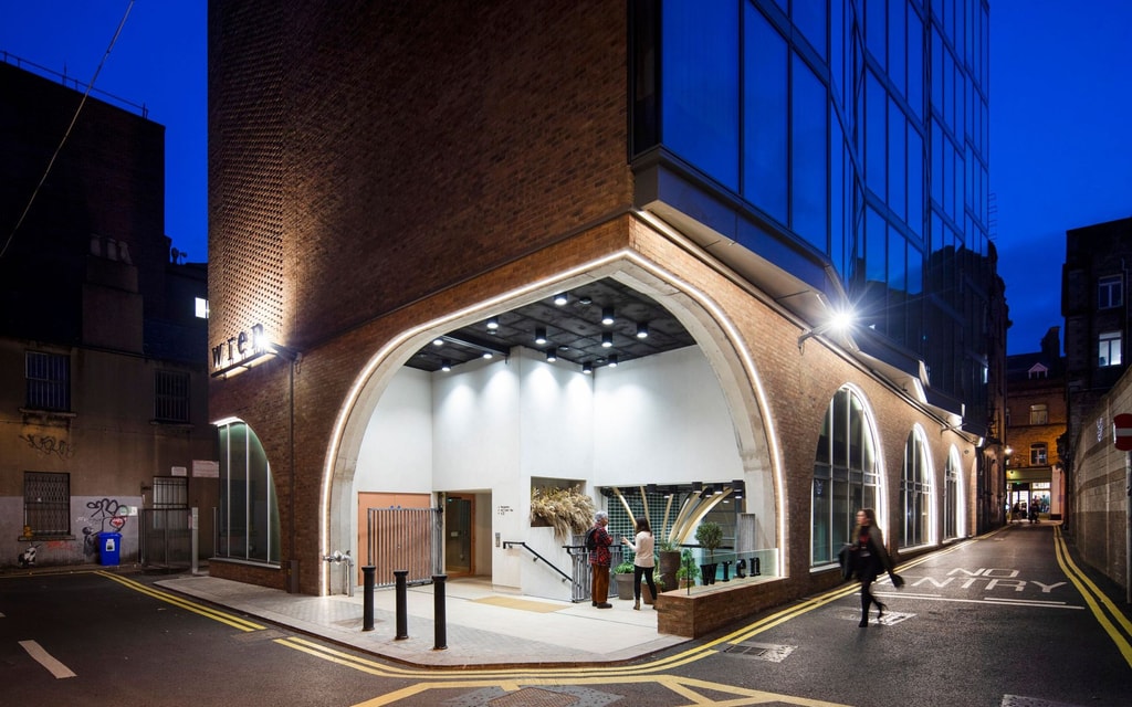 Lit up Hotel Entrance at night